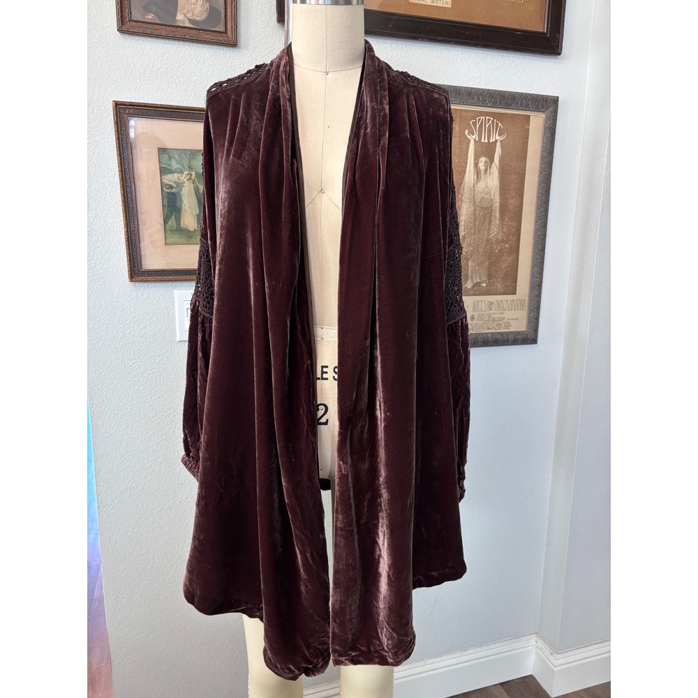 Soft Surroundings Brown Silk Blend Velvet Crochet Lace Open Front Cardigan M